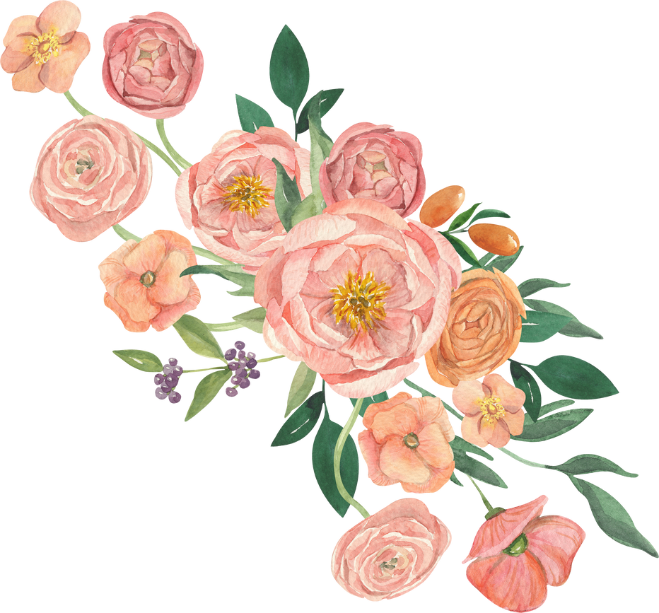 Watercolor peony, ranunculus and anemones bouquet